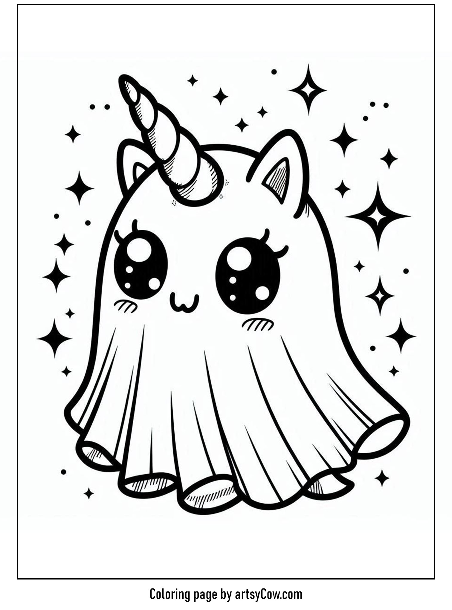 Halloween coloring pages with unicorn 2 featuring a charming unicorn dressed as a ghost with sparkling stars around it.